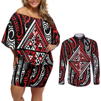 New Zealand Maori Taniko Couples Matching Off Shoulder Short Dress and Long Sleeve Button Shirt Red Kowhaiwhai Puhoro
