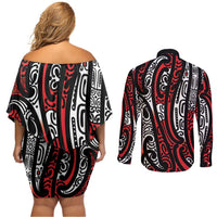 New Zealand Maori Taniko Couples Matching Off Shoulder Short Dress and Long Sleeve Button Shirt Red Kowhaiwhai Puhoro