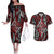 New Zealand Maori Taniko Couples Matching Off The Shoulder Long Sleeve Dress and Hawaiian Shirt Red Kowhaiwhai Puhoro