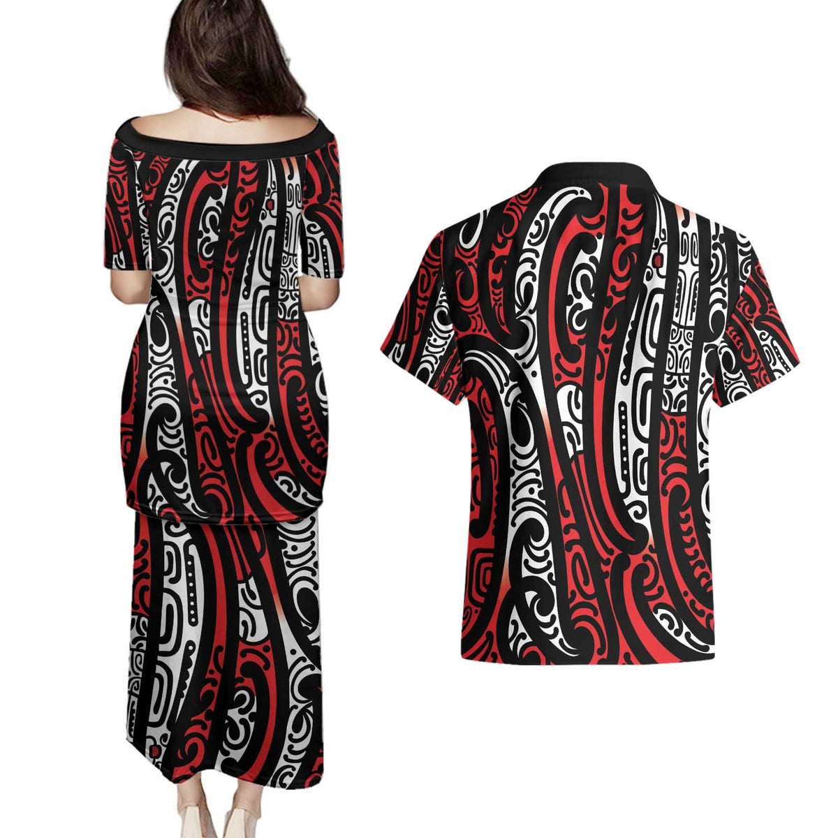 New Zealand Maori Taniko Couples Matching Puletasi and Hawaiian Shirt Red Kowhaiwhai Puhoro