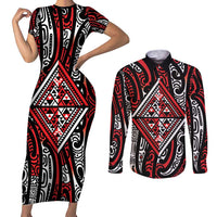 New Zealand Maori Taniko Couples Matching Short Sleeve Bodycon Dress and Long Sleeve Button Shirt Red Kowhaiwhai Puhoro