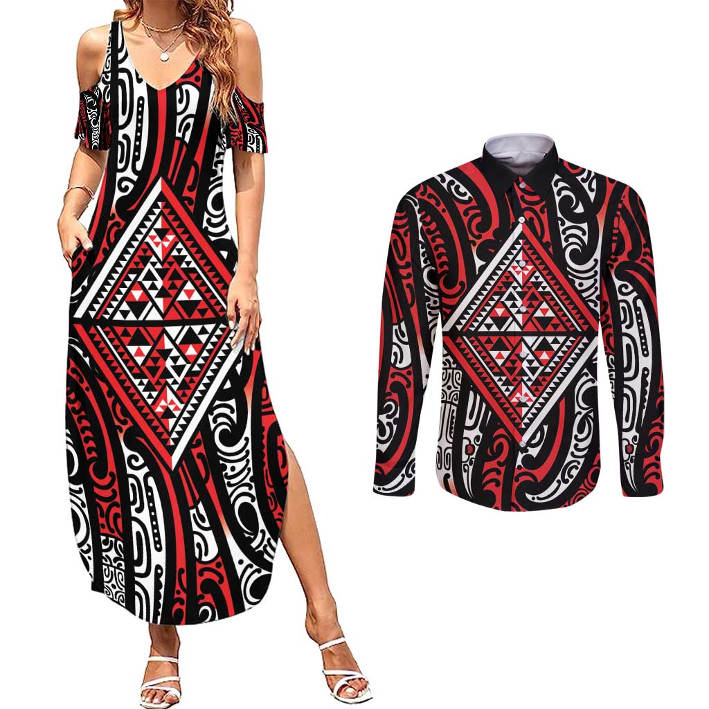 New Zealand Maori Taniko Couples Matching Summer Maxi Dress and Long Sleeve Button Shirt Red Kowhaiwhai Puhoro