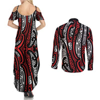 New Zealand Maori Taniko Couples Matching Summer Maxi Dress and Long Sleeve Button Shirt Red Kowhaiwhai Puhoro