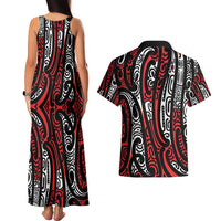 New Zealand Maori Taniko Couples Matching Tank Maxi Dress and Hawaiian Shirt Red Kowhaiwhai Puhoro