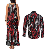 New Zealand Maori Taniko Couples Matching Tank Maxi Dress and Long Sleeve Button Shirt Red Kowhaiwhai Puhoro