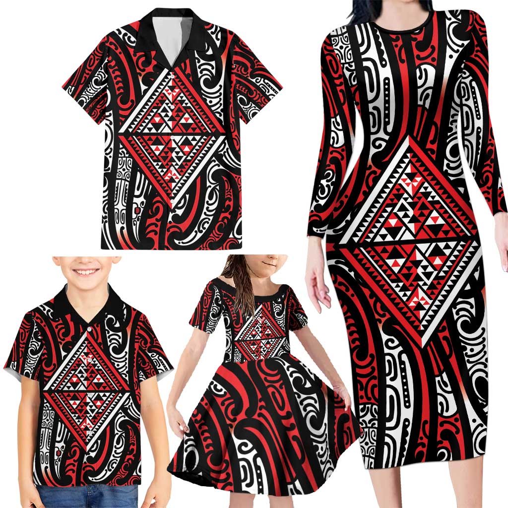 New Zealand Maori Taniko Family Matching Long Sleeve Bodycon Dress and Hawaiian Shirt Red Kowhaiwhai Puhoro