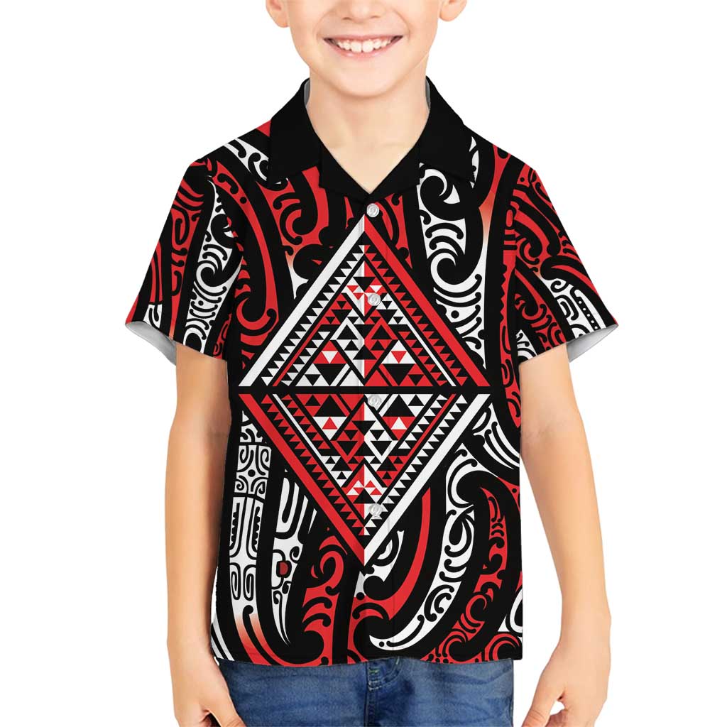 New Zealand Maori Taniko Family Matching Long Sleeve Bodycon Dress and Hawaiian Shirt Red Kowhaiwhai Puhoro
