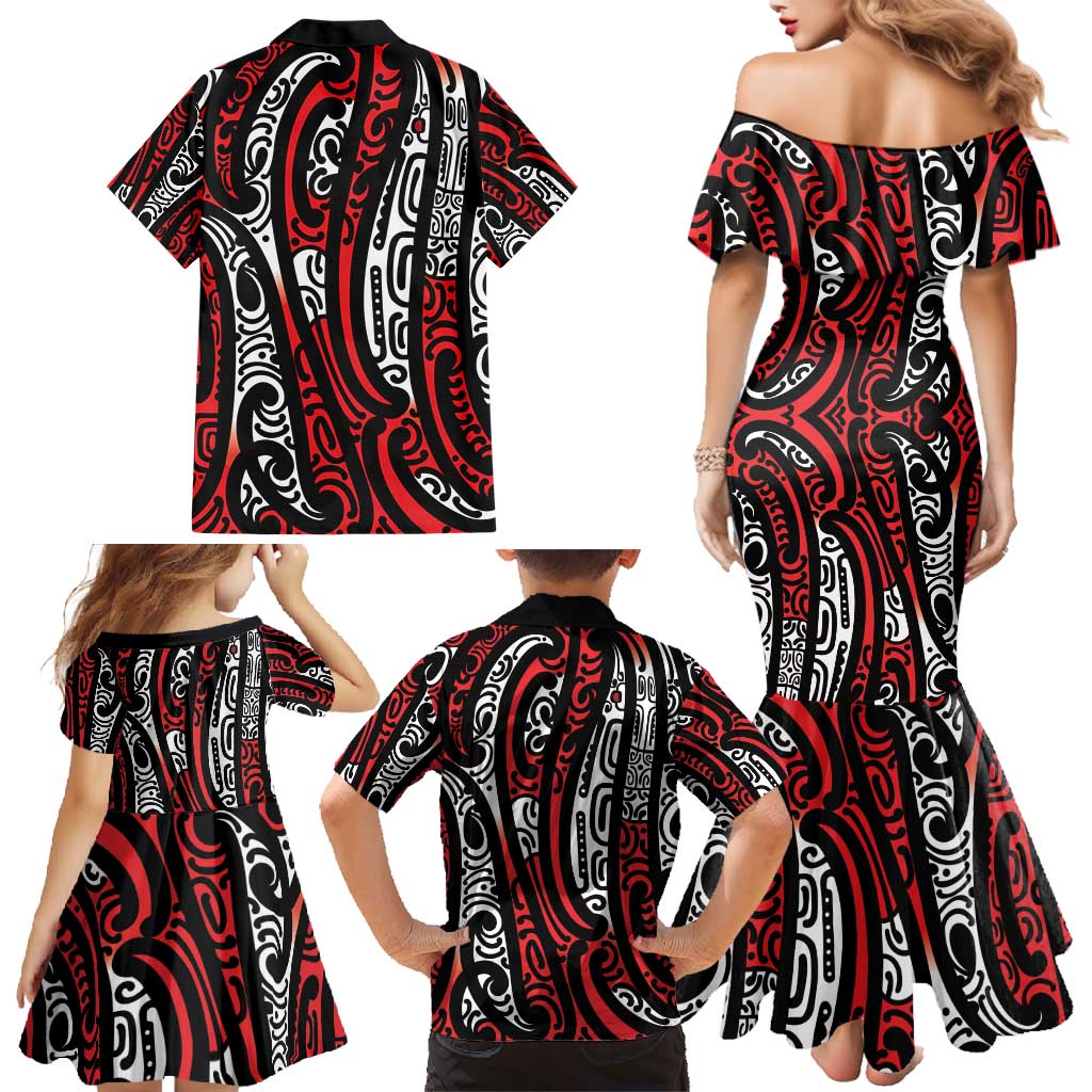 New Zealand Maori Taniko Family Matching Mermaid Dress and Hawaiian Shirt Red Kowhaiwhai Puhoro