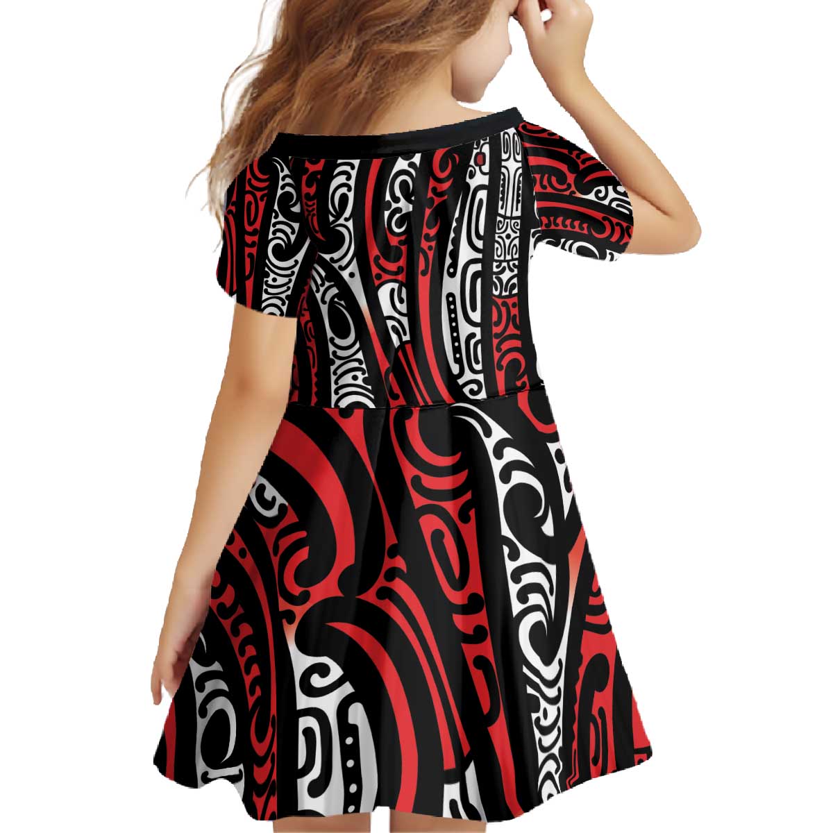 New Zealand Maori Taniko Family Matching Off The Shoulder Long Sleeve Dress and Hawaiian Shirt Red Kowhaiwhai Puhoro