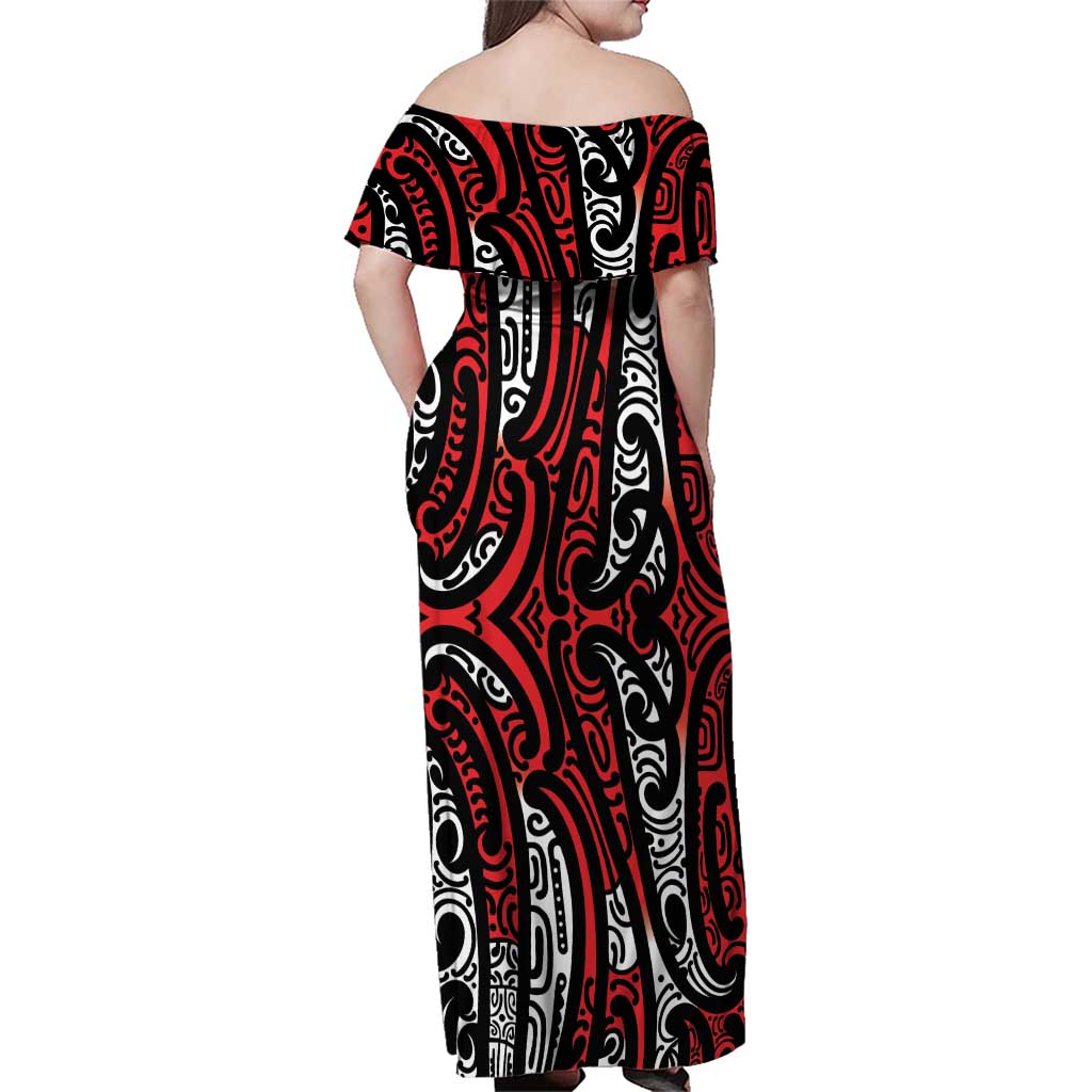 New Zealand Maori Taniko Family Matching Off Shoulder Maxi Dress and Hawaiian Shirt Red Kowhaiwhai Puhoro