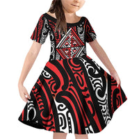New Zealand Maori Taniko Family Matching Off Shoulder Short Dress and Hawaiian Shirt Red Kowhaiwhai Puhoro