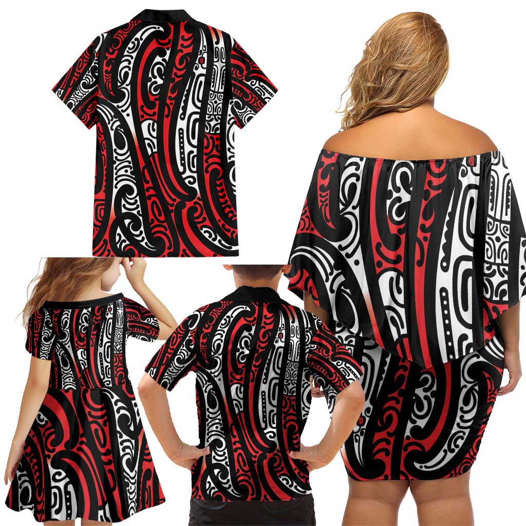 New Zealand Maori Taniko Family Matching Off Shoulder Short Dress and Hawaiian Shirt Red Kowhaiwhai Puhoro
