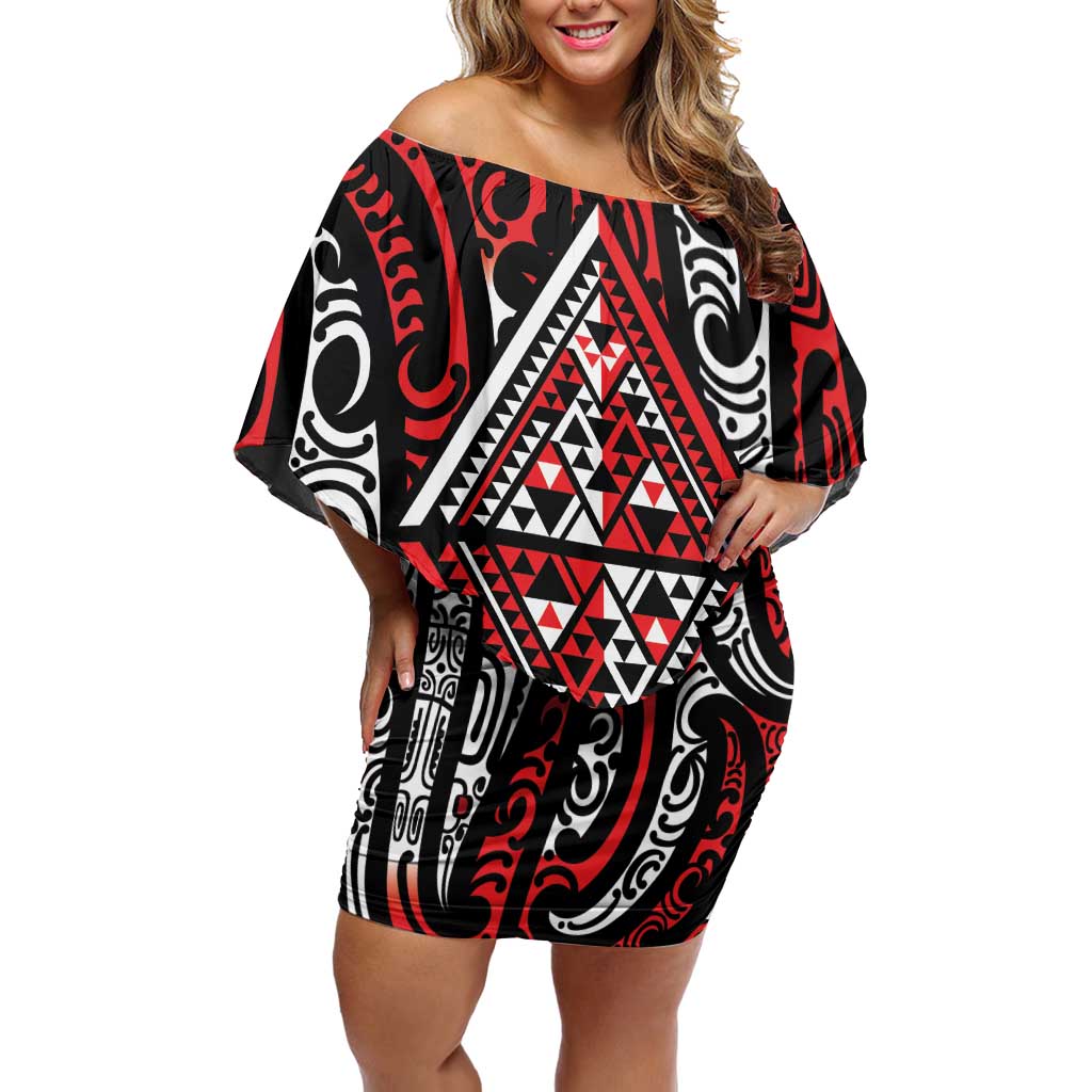 New Zealand Maori Taniko Family Matching Off Shoulder Short Dress and Hawaiian Shirt Red Kowhaiwhai Puhoro