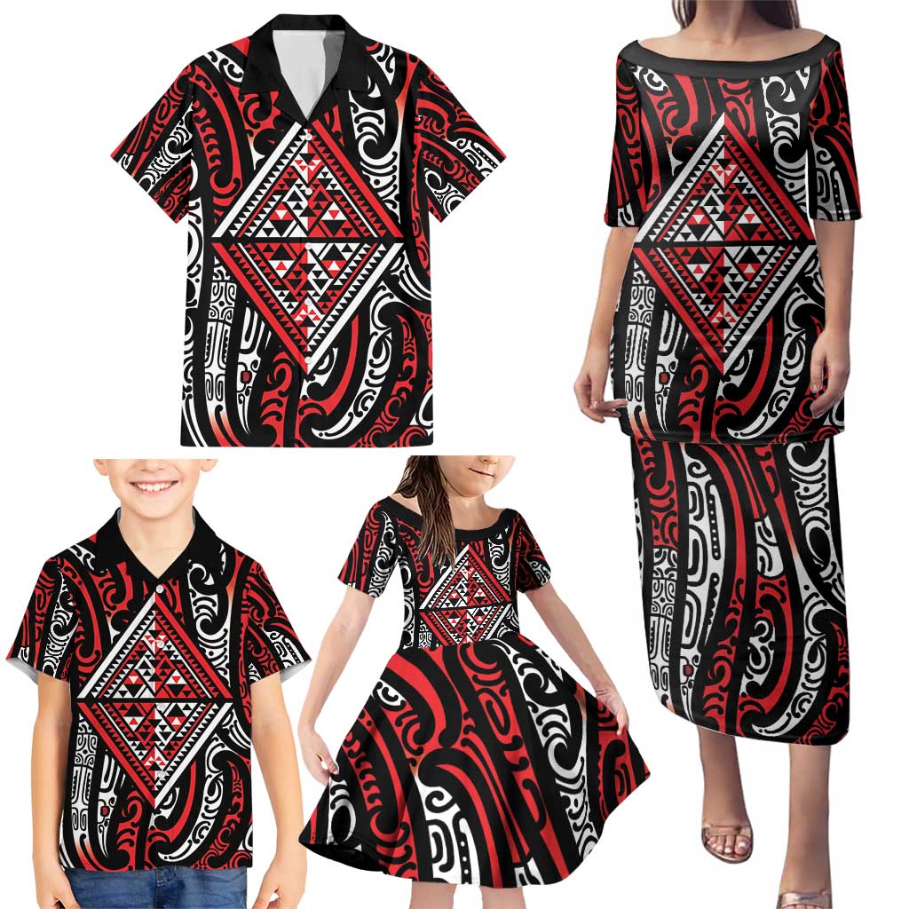 New Zealand Maori Taniko Family Matching Puletasi and Hawaiian Shirt Red Kowhaiwhai Puhoro
