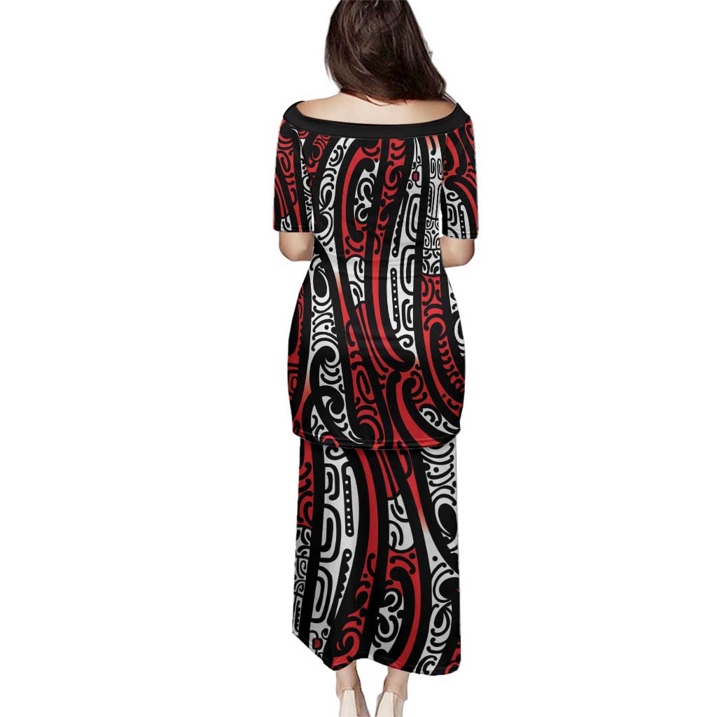 New Zealand Maori Taniko Family Matching Puletasi and Hawaiian Shirt Red Kowhaiwhai Puhoro