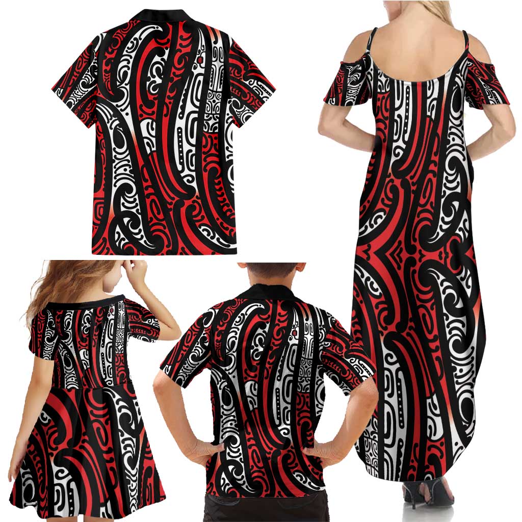 New Zealand Maori Taniko Family Matching Summer Maxi Dress and Hawaiian Shirt Red Kowhaiwhai Puhoro