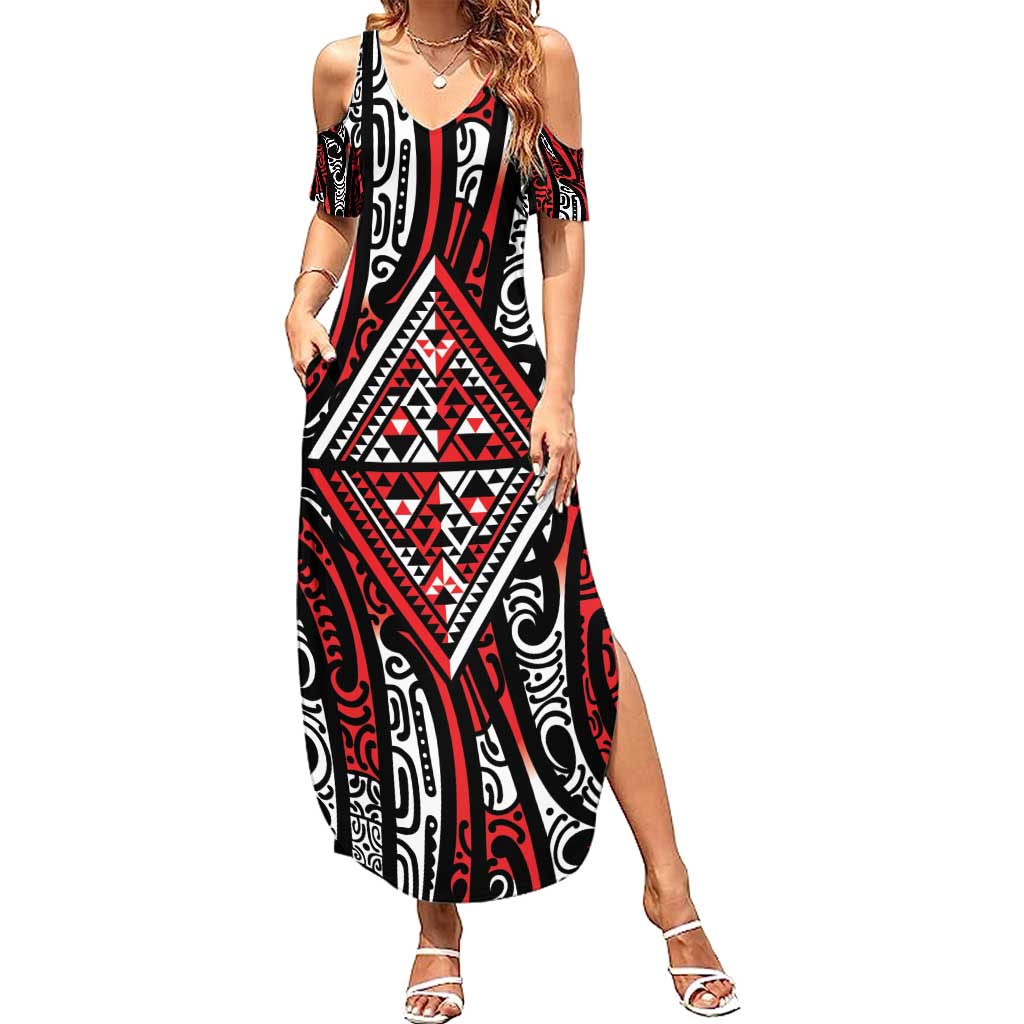 New Zealand Maori Taniko Family Matching Summer Maxi Dress and Hawaiian Shirt Red Kowhaiwhai Puhoro