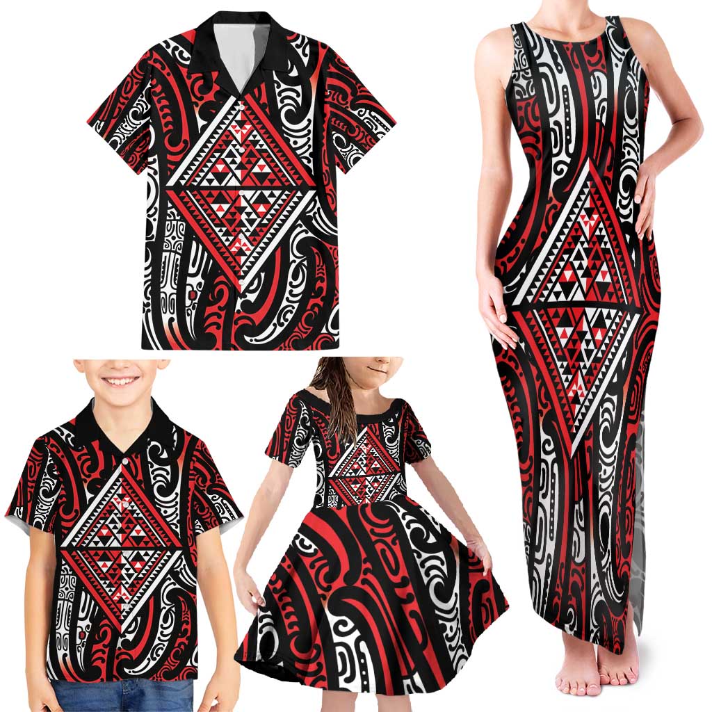 New Zealand Maori Taniko Family Matching Tank Maxi Dress and Hawaiian Shirt Red Kowhaiwhai Puhoro