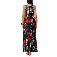 New Zealand Maori Taniko Family Matching Tank Maxi Dress and Hawaiian Shirt Red Kowhaiwhai Puhoro