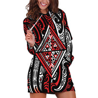 New Zealand Maori Taniko Hoodie Dress Red Kowhaiwhai Puhoro