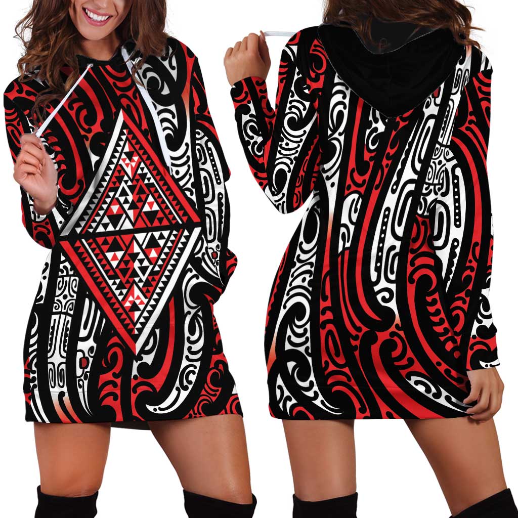 New Zealand Maori Taniko Hoodie Dress Red Kowhaiwhai Puhoro