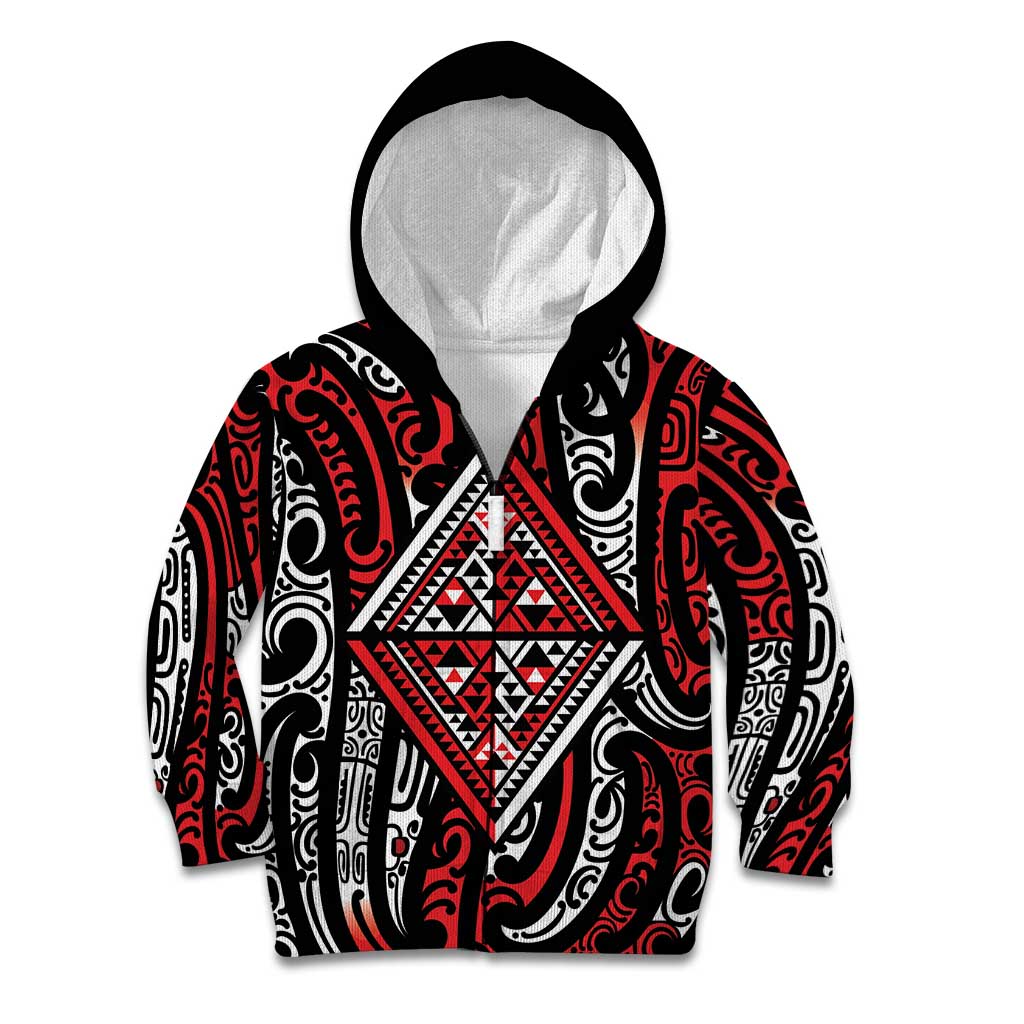 New Zealand Maori Taniko Kid Hoodie Red Kowhaiwhai Puhoro