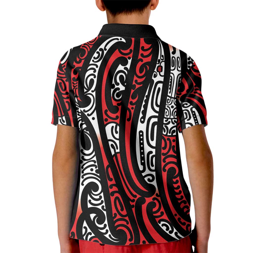 New Zealand Maori Taniko Kid Polo Shirt Red Kowhaiwhai Puhoro
