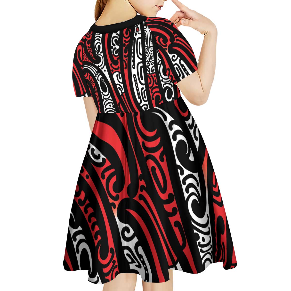 New Zealand Maori Taniko Kid Short Sleeve Dress Red Kowhaiwhai Puhoro