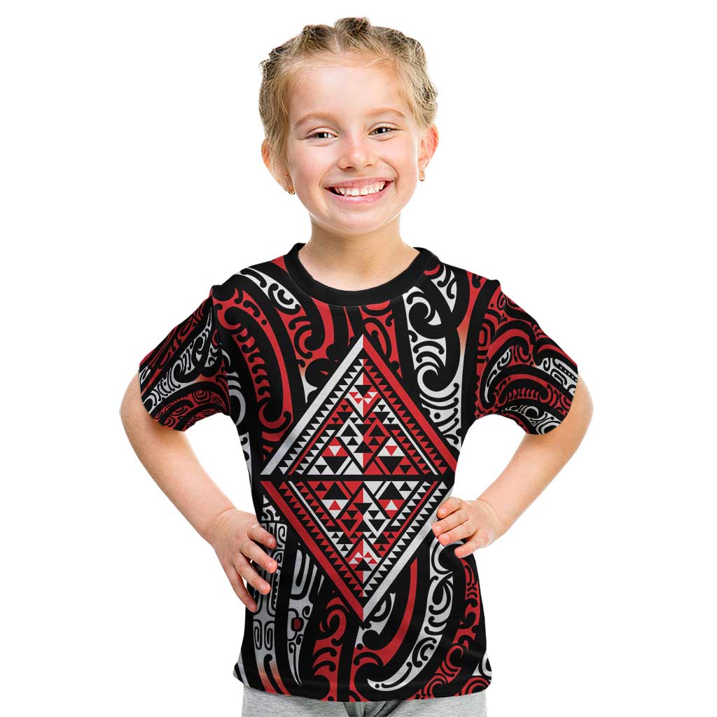 New Zealand Maori Taniko Kid T Shirt Red Kowhaiwhai Puhoro