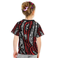 New Zealand Maori Taniko Kid T Shirt Red Kowhaiwhai Puhoro