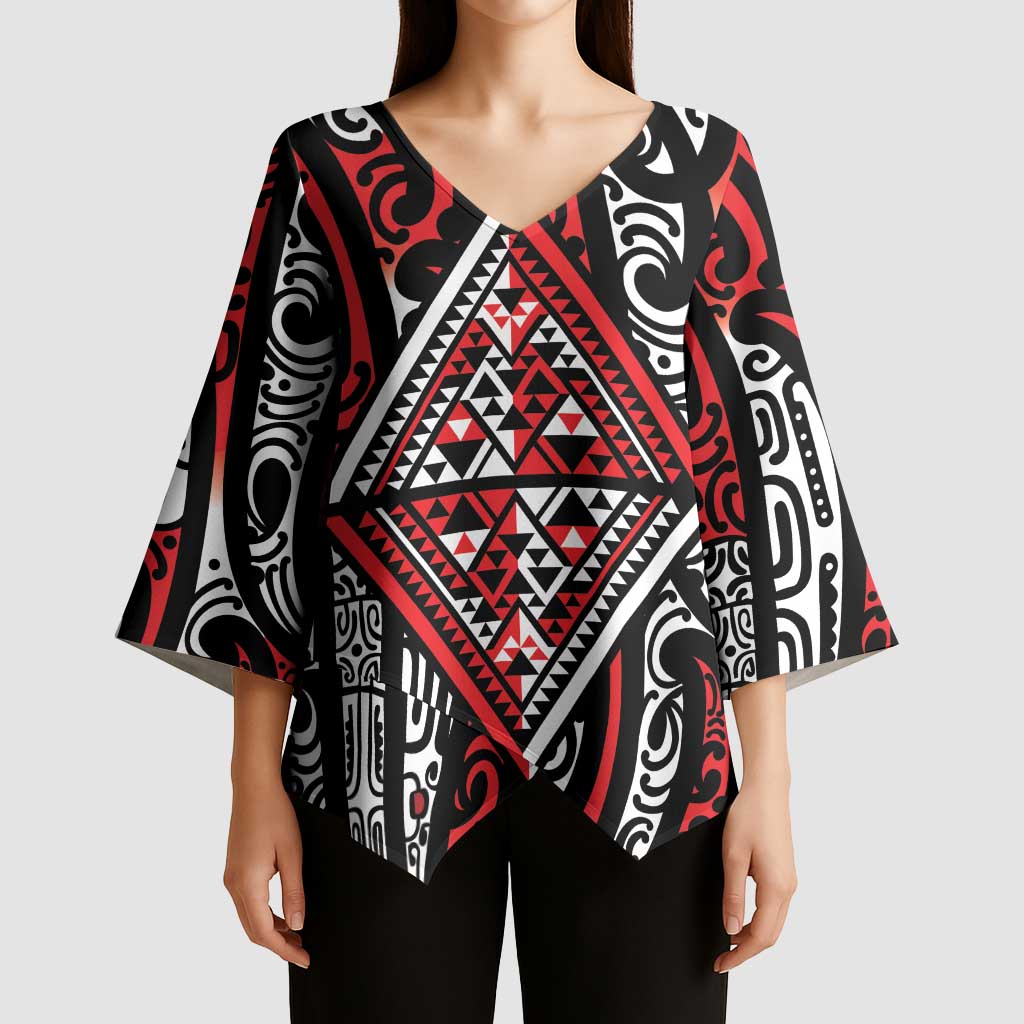 New Zealand Maori Taniko Kimono Sleeve Blouse Red Kowhaiwhai Puhoro - Polynesian Pride
