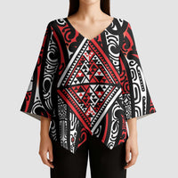 New Zealand Maori Taniko Kimono Sleeve Blouse Red Kowhaiwhai Puhoro - Polynesian Pride