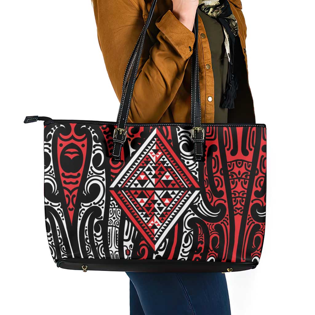 New Zealand Maori Taniko Leather Tote Bag Red Kowhaiwhai Puhoro
