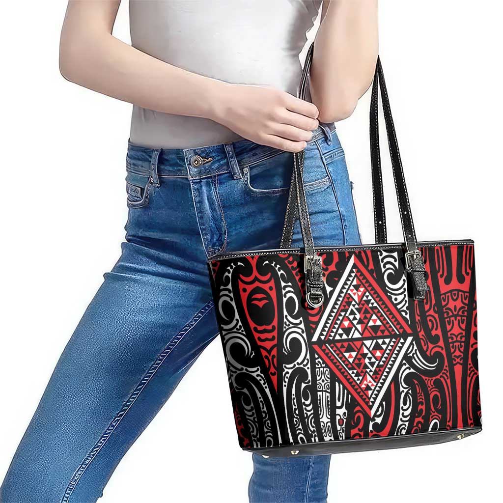 New Zealand Maori Taniko Leather Tote Bag Red Kowhaiwhai Puhoro