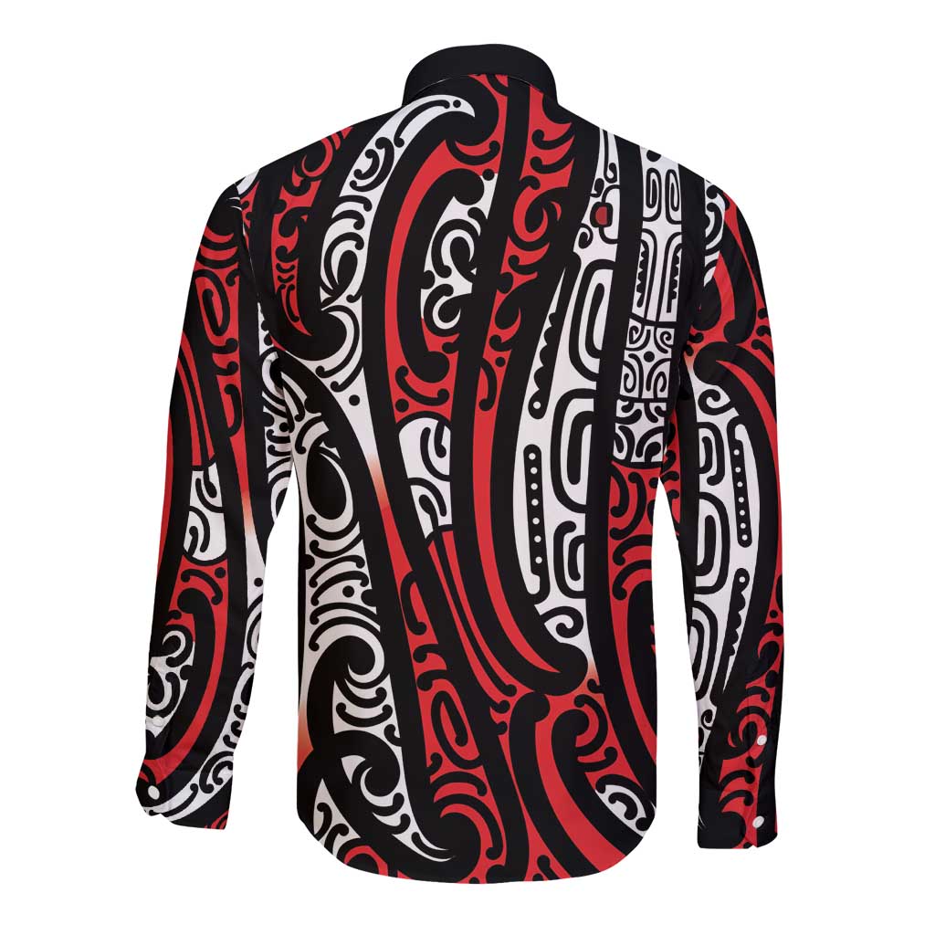 New Zealand Maori Taniko Long Sleeve Button Shirt Red Kowhaiwhai Puhoro