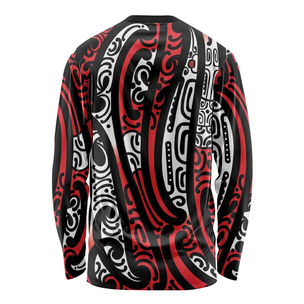 New Zealand Maori Taniko Long Sleeve Shirt Red Kowhaiwhai Puhoro
