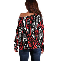 New Zealand Maori Taniko Off Shoulder Sweater Red Kowhaiwhai Puhoro