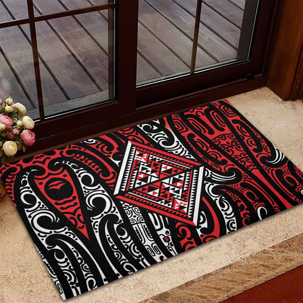 New Zealand Maori Taniko Rubber Doormat Red Kowhaiwhai Puhoro