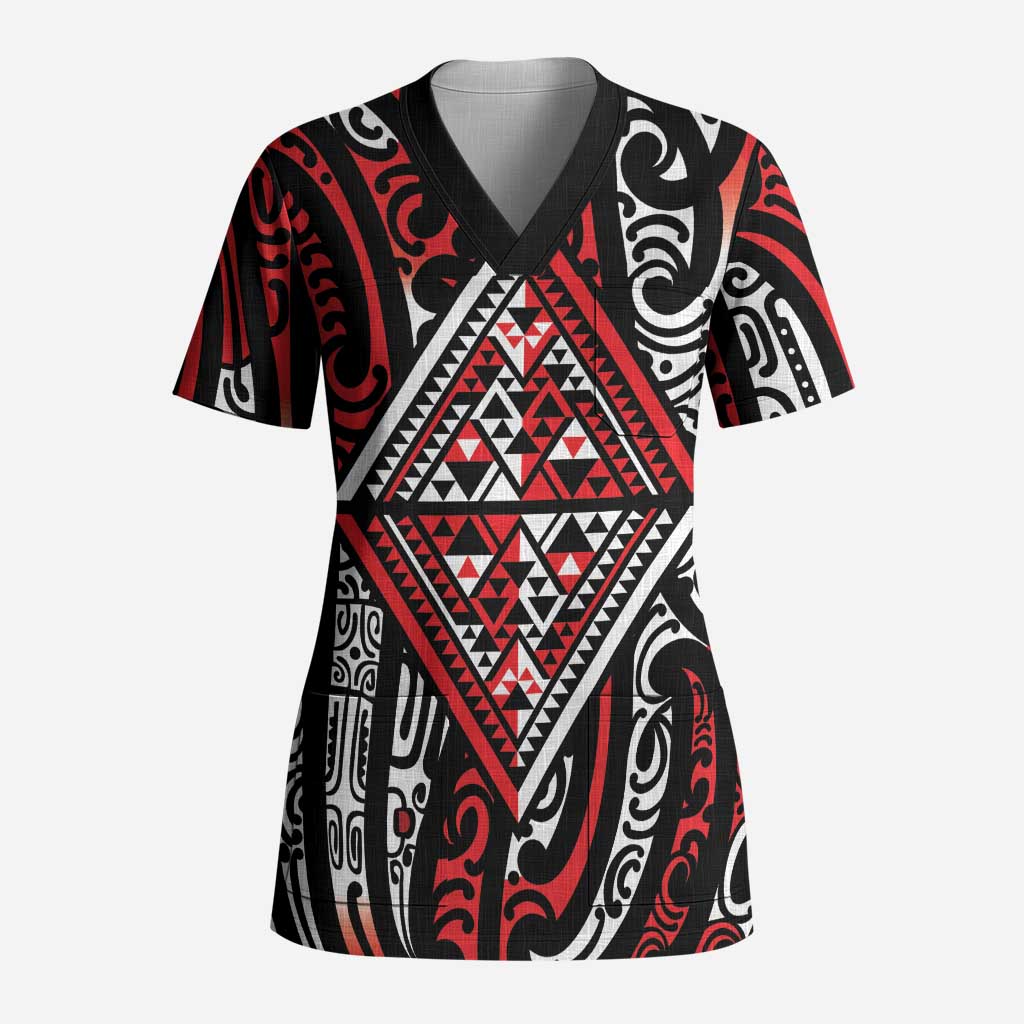 New Zealand Maori Taniko Scrub Top Red Kowhaiwhai Puhoro - Polynesian Pride