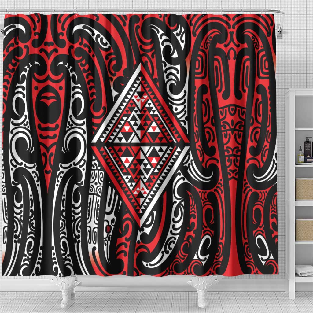New Zealand Maori Taniko Shower Curtain Red Kowhaiwhai Puhoro