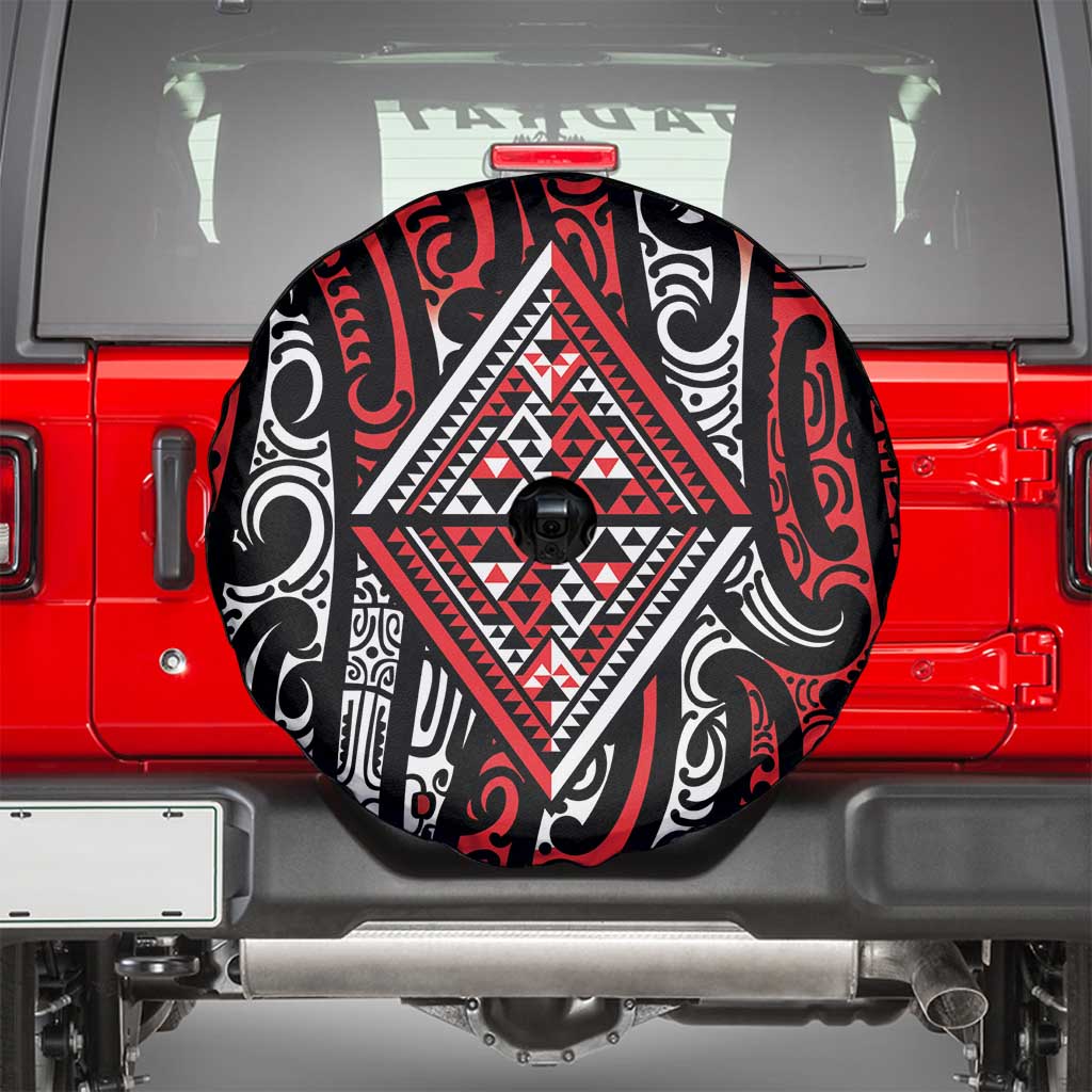 New Zealand Maori Taniko Spare Tire Cover Red Kowhaiwhai Puhoro