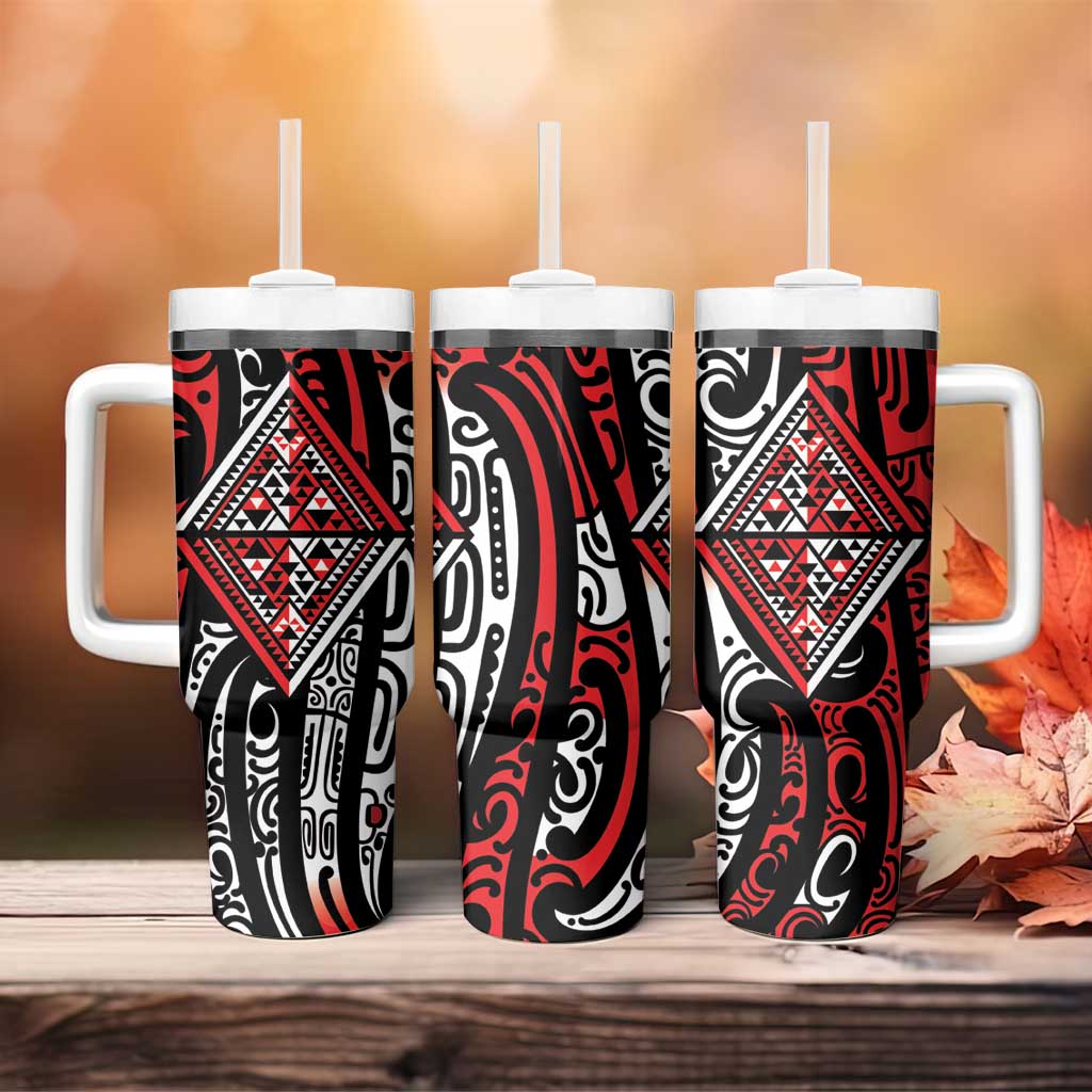 New Zealand Maori Taniko Tumbler With Handle Red Kowhaiwhai Puhoro