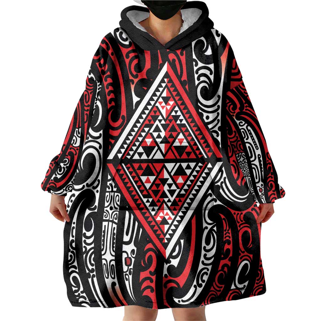 New Zealand Maori Taniko Wearable Blanket Hoodie Red Kowhaiwhai Puhoro