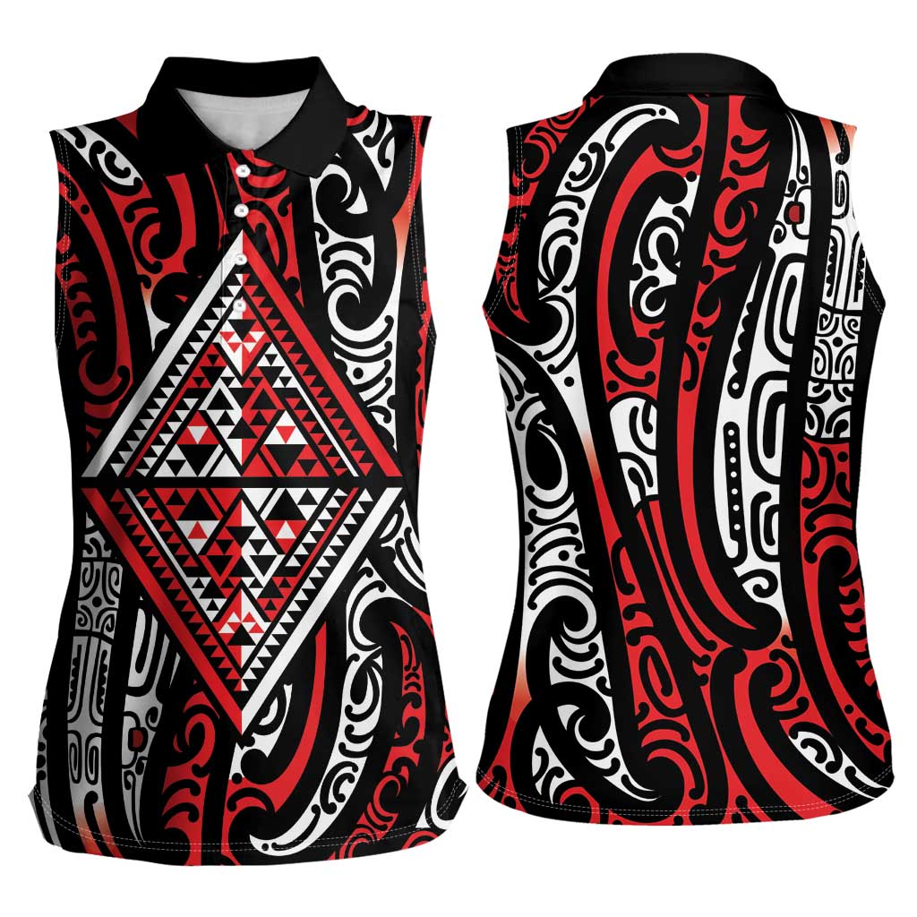 New Zealand Maori Taniko Women Sleeveless Polo Shirt Red Kowhaiwhai Puhoro