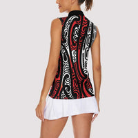 New Zealand Maori Taniko Women Sleeveless Polo Shirt Red Kowhaiwhai Puhoro