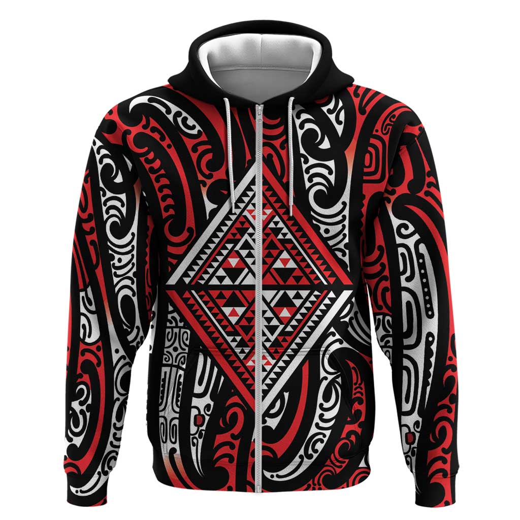 New Zealand Maori Taniko Zip Hoodie Red Kowhaiwhai Puhoro