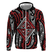 New Zealand Maori Taniko Zip Hoodie Red Kowhaiwhai Puhoro