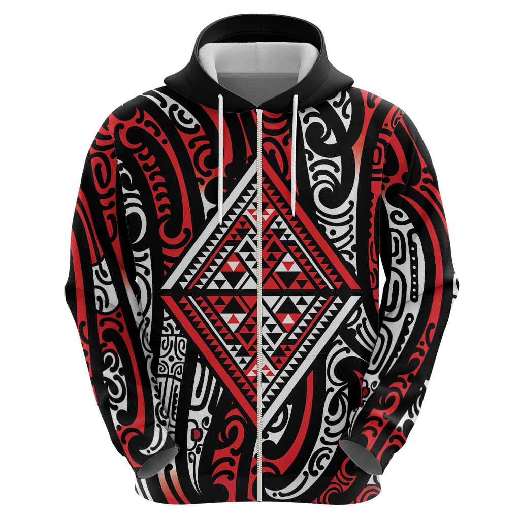 New Zealand Maori Taniko Zip Hoodie Red Kowhaiwhai Puhoro