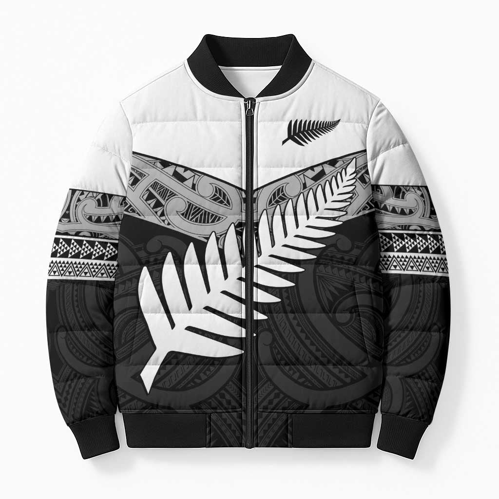 New Zealand Silver Fern Bomber Puffer Jacket Maori Koru Mixed Taniko Pattern - Polynesian Pride
