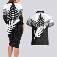 New Zealand Silver Fern Couples Matching Long Sleeve Bodycon Dress and Hawaiian Shirt Maori Koru Mixed Taniko Pattern
